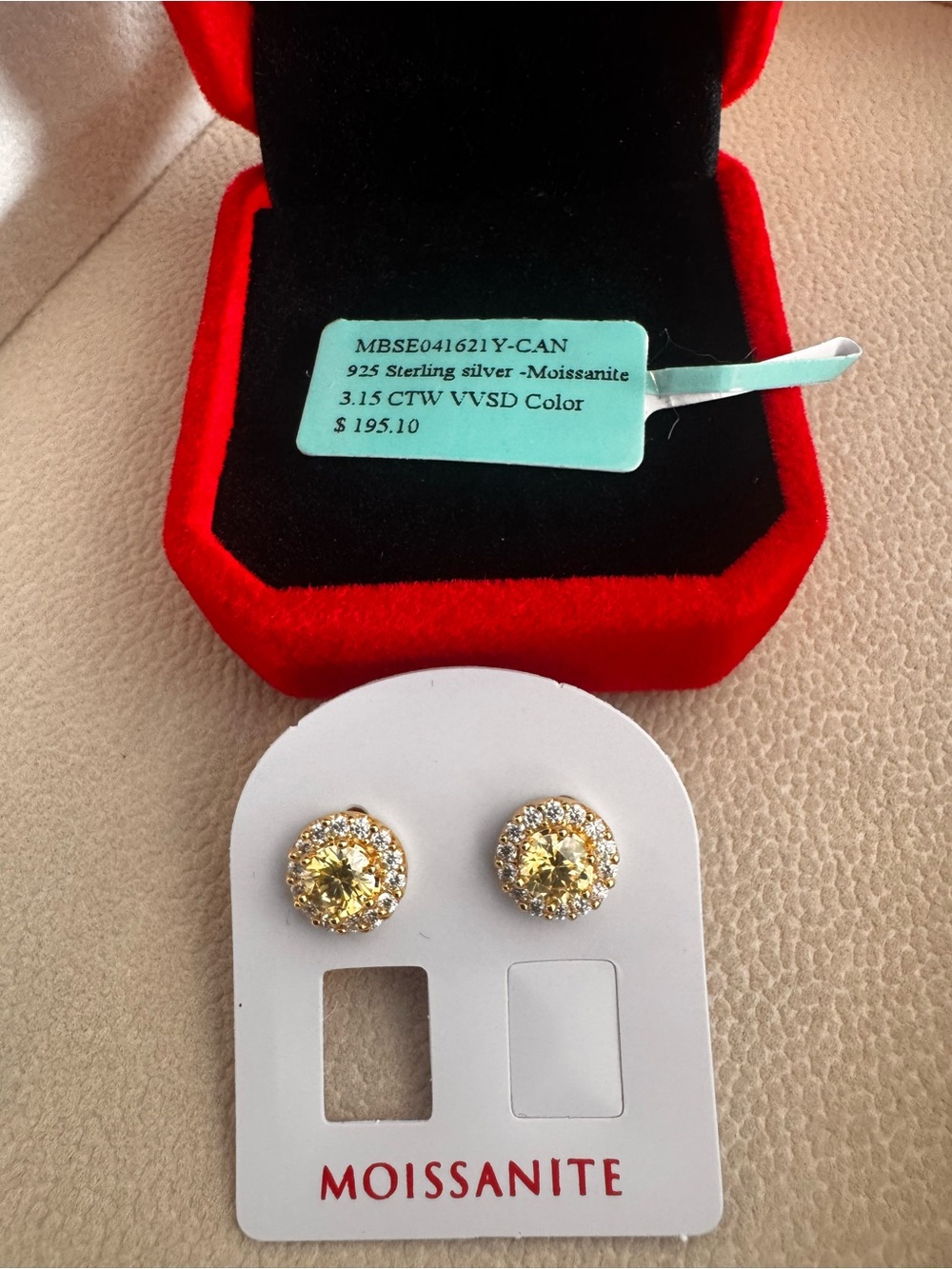 Moissanite Yellow and white Halo Stud Earrings in yellow 14K gold over sterling